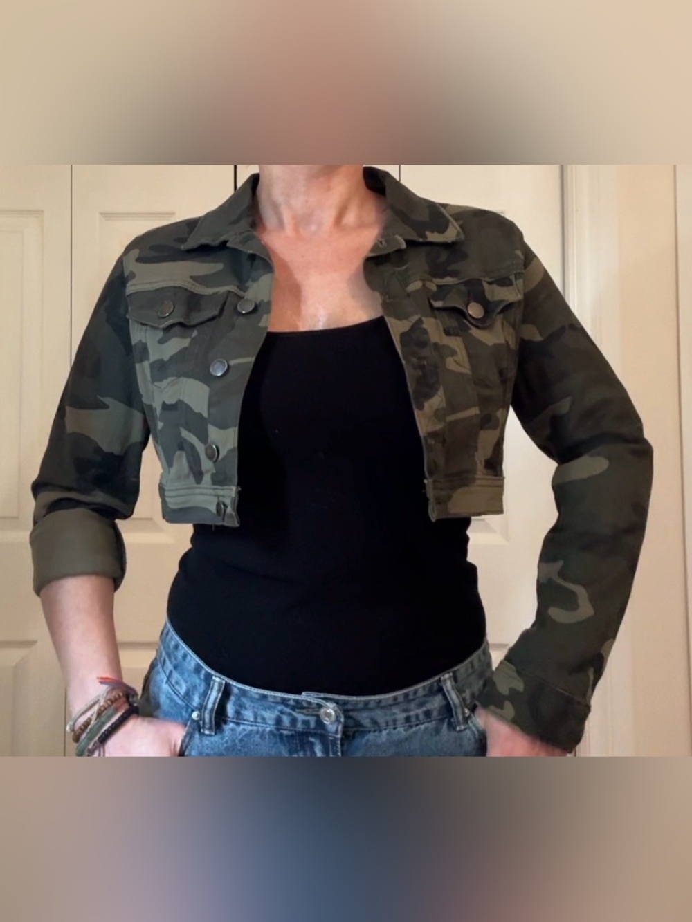 Revamped Cropped Camouflage Jean Jacket - Olive/Forest